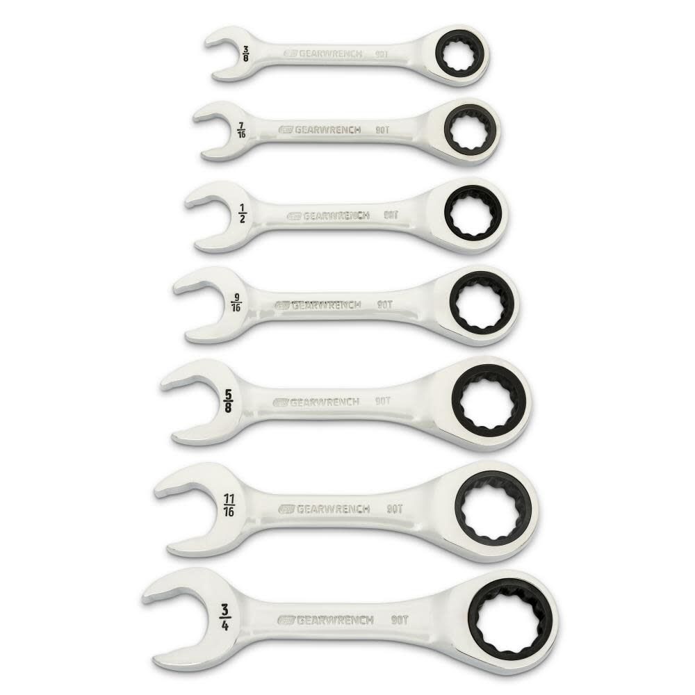 GEARWRENCH 90-Tooth 12 Point SAE Stubby Ratcheting Combination Wrench Set 7pc, large image number 1