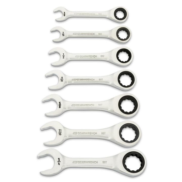 GEARWRENCH 90-Tooth 12 Point SAE Stubby Ratcheting Combination Wrench Set 7pc