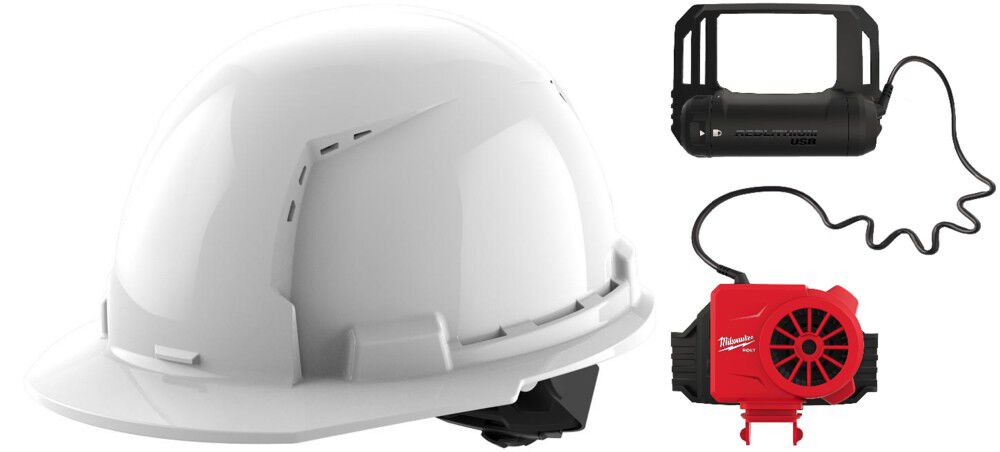 Milwaukee White Front Brim Vented Hard Hat with 4pt Ratcheting Suspension Type 1 Class C & BOLT Cooling Fan Bundle, large image number 1