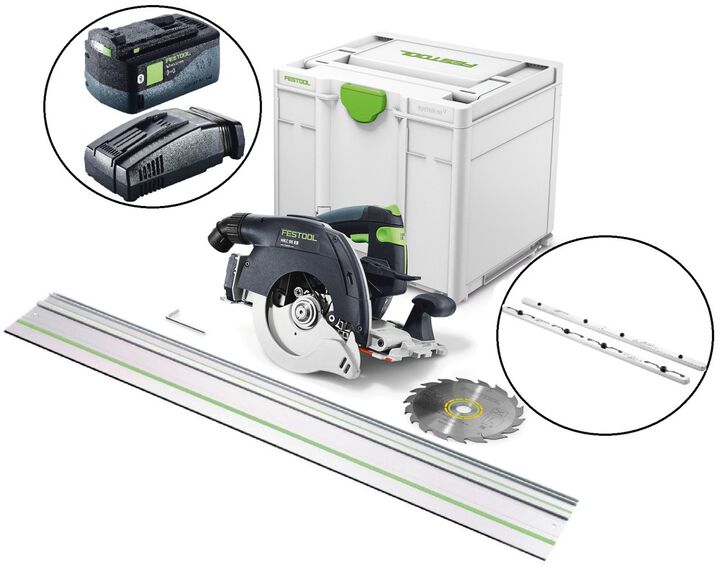 Festool HKC 55 EB-F-Basic Cordless Circular Track Saw, 55 Inch Guide Rail, 2 Guide Rail Connectors, 18V 5Ah Lithium Ion Battery & Rapid Charger