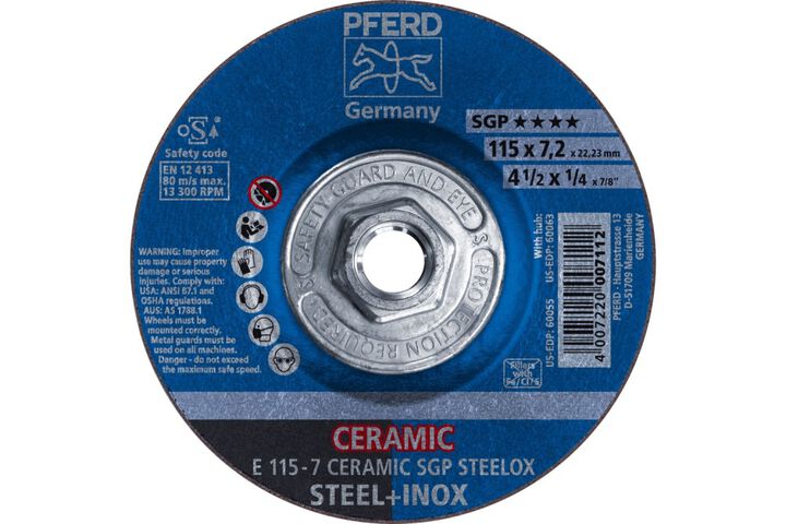 Pferd Grinding Wheel, 4-1/2 Inch x 1/4 x 5/8-11, CERAMIC SGP STEELOX, T27, large image number 0