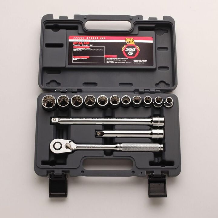 Cougar Pro 1/2 Inch Drive 12 Point Metric Socket Set, 14 Piece