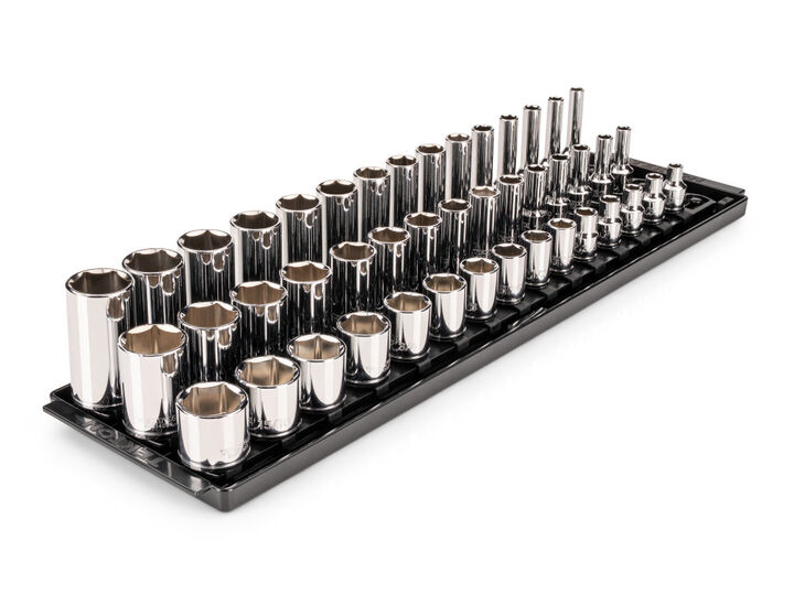 Tekton 3/8 Inch Shallow, Semi-Deep, and Deep 6 Point Sockets, Rails, 45 Pieces