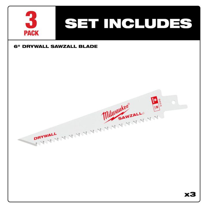 Milwaukee 6 in 8TPI Drywall SAWZALL Blades 3 Pack, large image number 1