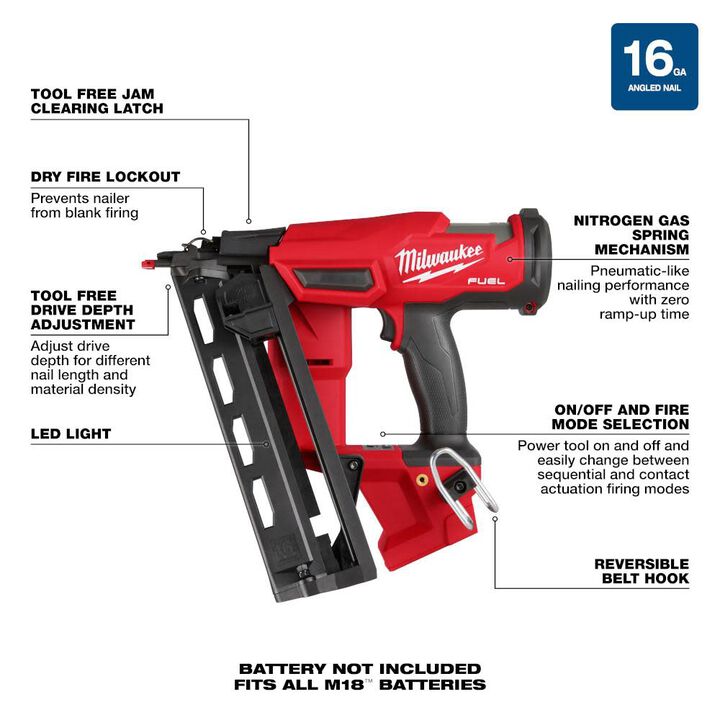 Milwaukee M18 FUEL Angled Finish Nailer 16 Gauge Reconditioned (Bare Tool), large image number 7