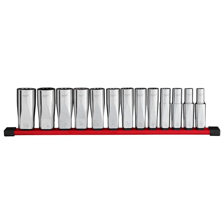 Milwaukee 1/2 Inch Deep 12 Point Socket Set, SAE, 13 Pieces