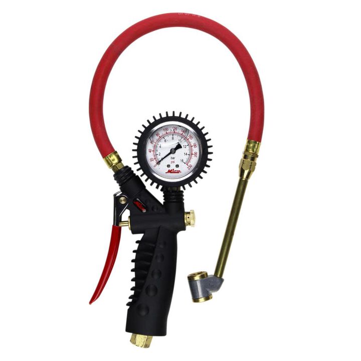 Milton S-578A Pro Analog Pistol Grip Inflator Gauge - Large Bore Dual Chuck and 15in Hose - 230 PSI