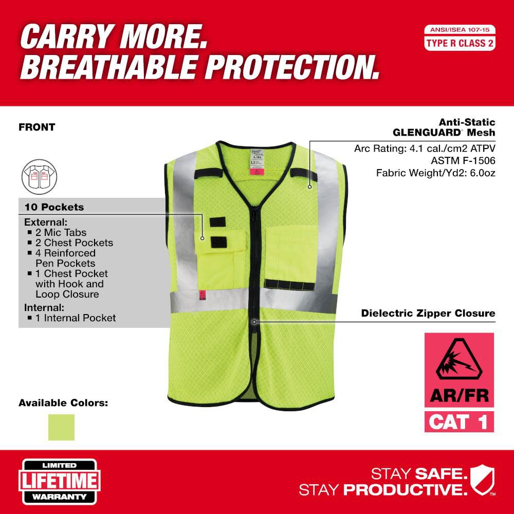 Milwaukee High Vis Safety Vest Yellow Class 2 Mesh AR/FR Cat 1 L/XL, large image number 3