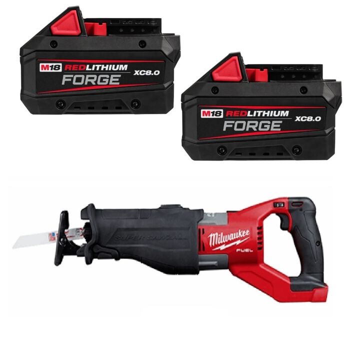 Milwaukee SUPER SAWZALL Reciprocating Saw and M18 Forge XC 18V 8Ah Battery Pack with Fuel Indicator Bundle