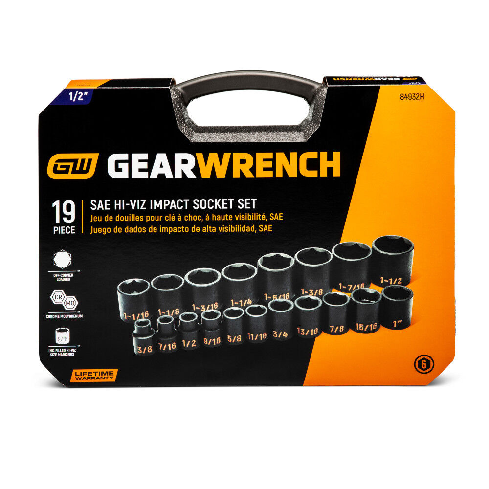 GEARWRENCH 1/2 Inch Drive 6 Point SAE Hi-Viz Impact Socket Set 19 Pieces, large image number 4