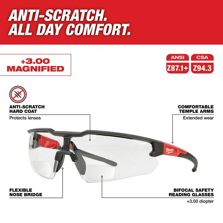 Milwaukee Safety Glasses - +3.00 Magnified Clear Anti-Scratch Lenses (Polybag), large image number 1