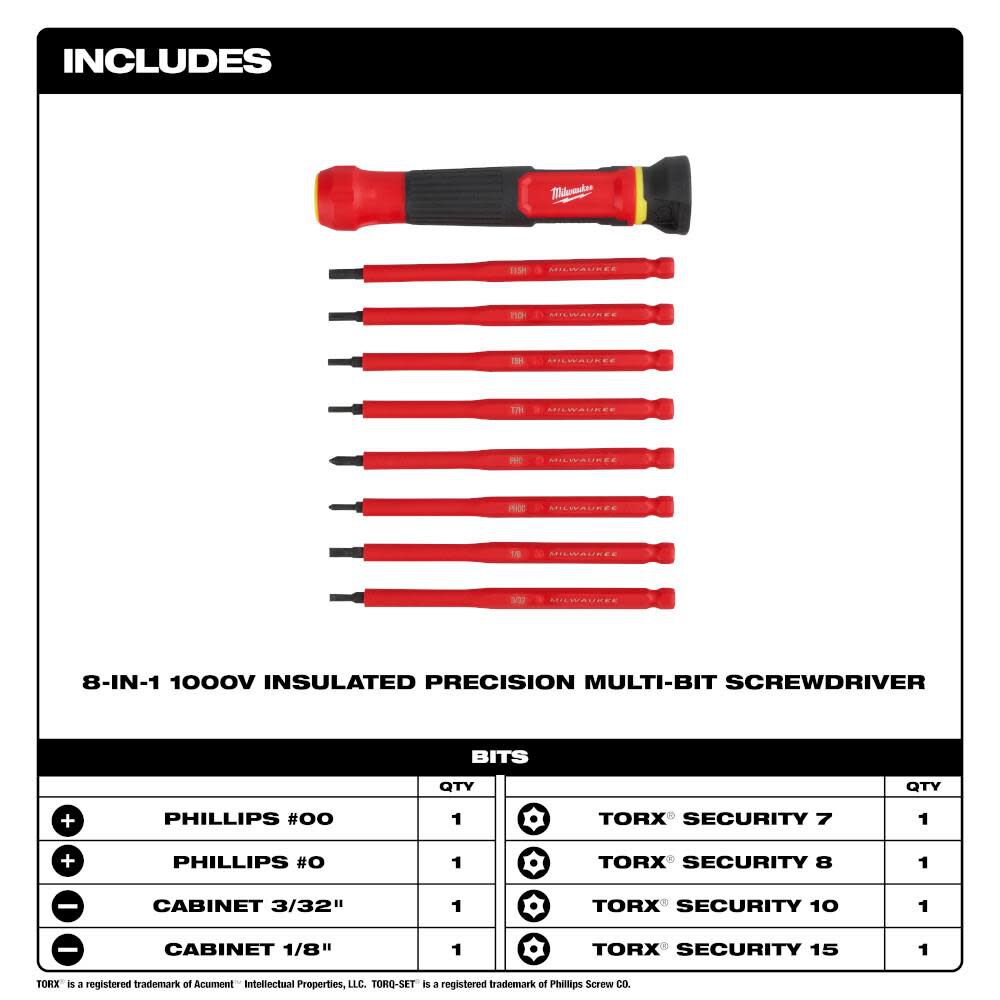 Milwaukee 8-in-1 1000V Insulated Precision Multi-Bit Screwdriver Set, large image number 2