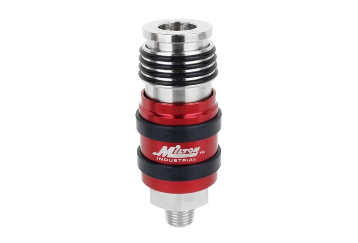Milton 2 In ONE Universal Safety Exhaust Coupler  1/4in MNPT x 3/8in Body Flow