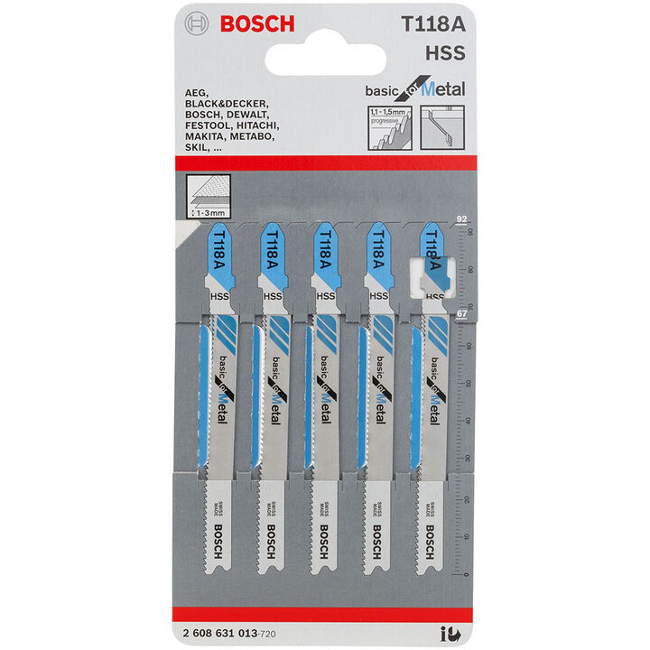 Bosch 3-5/8 Inch 17-24 TPI Basic for Metal T-Shank Jig Saw Blades 5 Piece