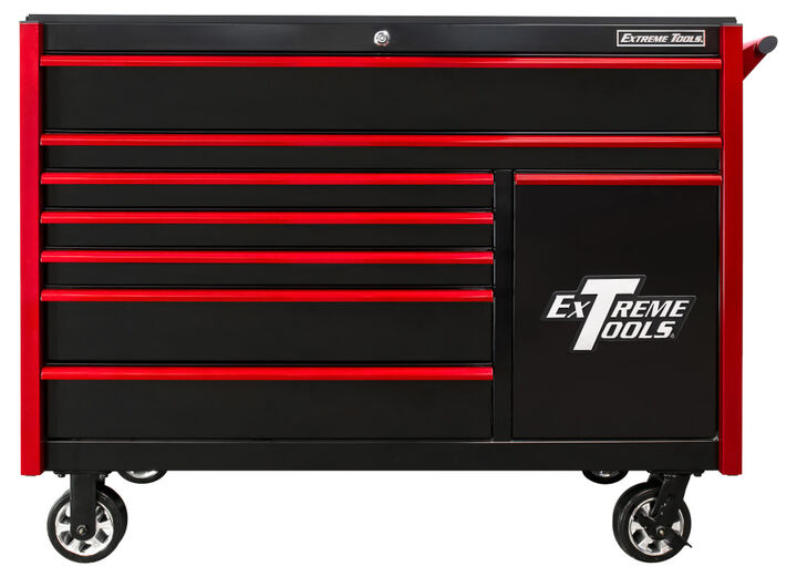 Extreme Tools DX Series 55 Inch W x 25 Inch D 8 Drawer Roller Cabinet Including Power Tool Drawer 100 lb Slides Black with Red Drawer Pulls