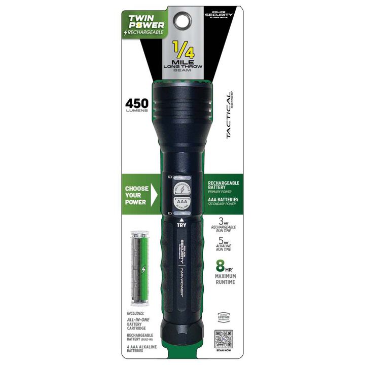 Police Security TWIN POWER LONG THROW 450 Lumens Alkaline Rechargeable Flashlight, large image number 4