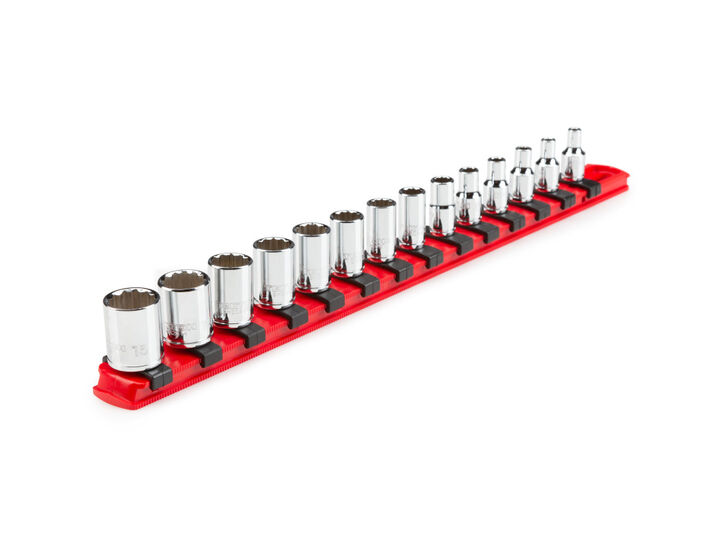 Tekton 1/4 Inch Drive 12-Point Socket Set with Rail, 14 Pieces (4-15 mm)