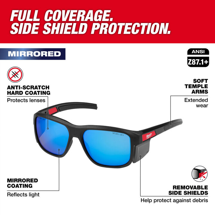 Milwaukee Full Frame Safety Glasses with Removable Side Shields Blue Mirrored Anti-Scratch Lenses, large image number 1