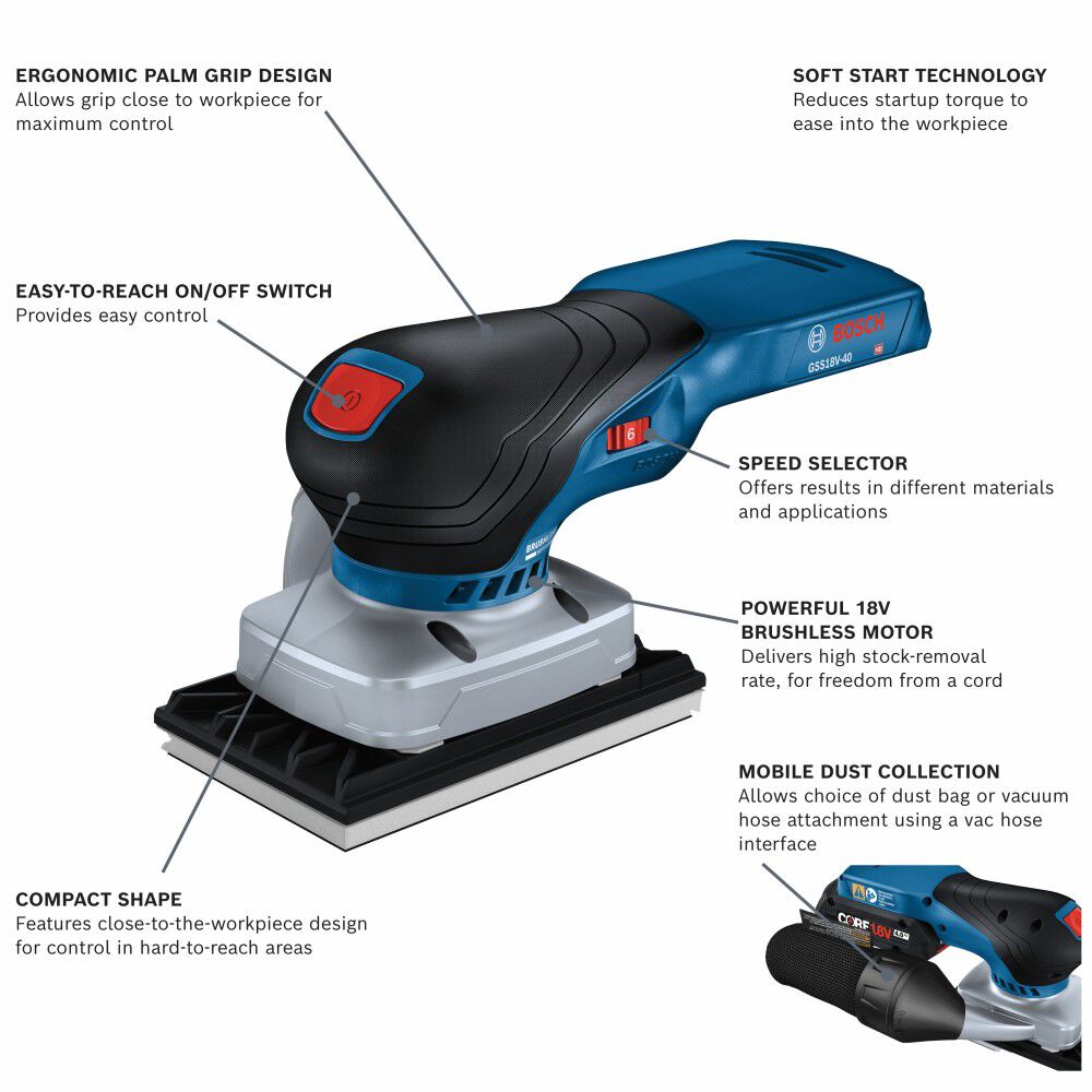 Bosch 18V Brushless Sheet Orbital Finishing Sander (Bare Tool), Reconditioned, large image number 2