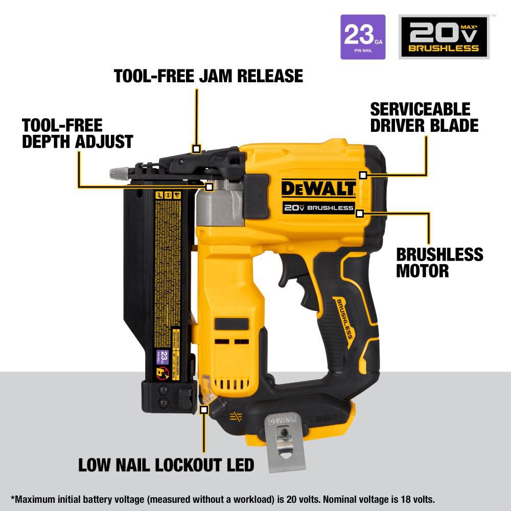 DEWALT ATOMIC Compact Series 20V MAX Pin Nailer 23 Gauge with 20V MAX XR POWERSTACK Compact Battery Bundle, large image number 12