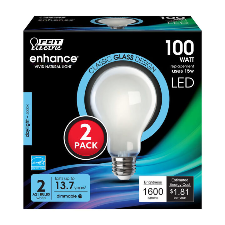 Feit Electric 100W A21 5000K Enhance Filament LED Bulb 2pk, large image number 1