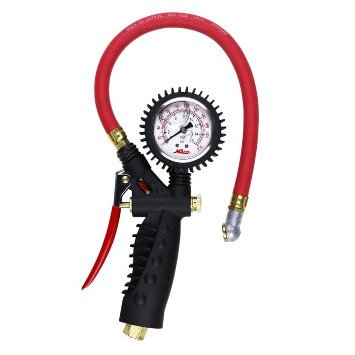 Milton S-575A Pro Analog Pistol Grip Inflator Gauge - Ball Foot Chuck and 15in Hose - 230 PSI
