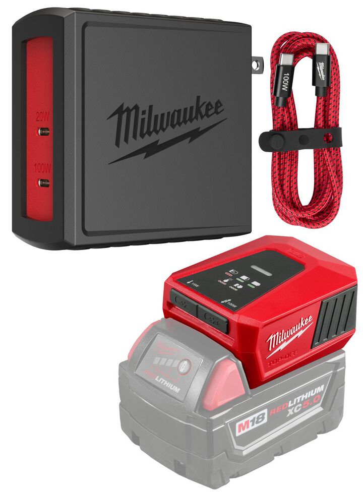 Milwaukee 120W USB-C 2-Port Wall Adapter & 100W 6ft USB-C Cable & M18 Top-Off Charger & Power Supply Bundle