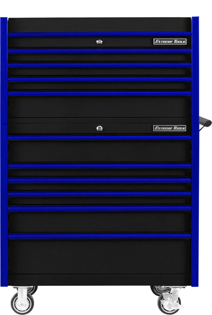 Extreme Tools DX Series 41 Inch W x 25 Inch D 4 Drawer Top Chest & 6 Drawer Roller Cabinet Combo Black with Blue Drawer Pulls