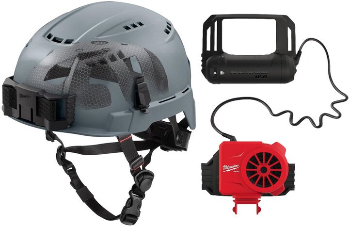 Milwaukee BOLT Gray Vented Safety Helmet with IMPACT ARMOR Liner Type 2 Class C & USB Cooling Fan Bundle