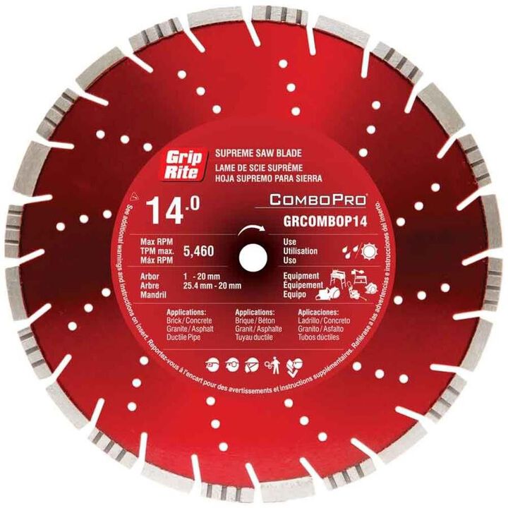 Grip Rite ComboPro 14 Inch Supreme Segmented Turbo Rim Diamond Blade for Concrete, Brick, Stone, and Metal