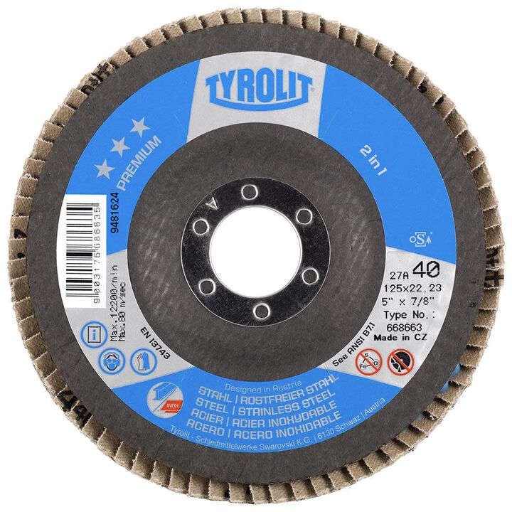 Diamond Products Tyrolit PREMIUM 4-1/2inX7/8in Zirconia Flap Discs for Steel and Stainless Steel -Type 29