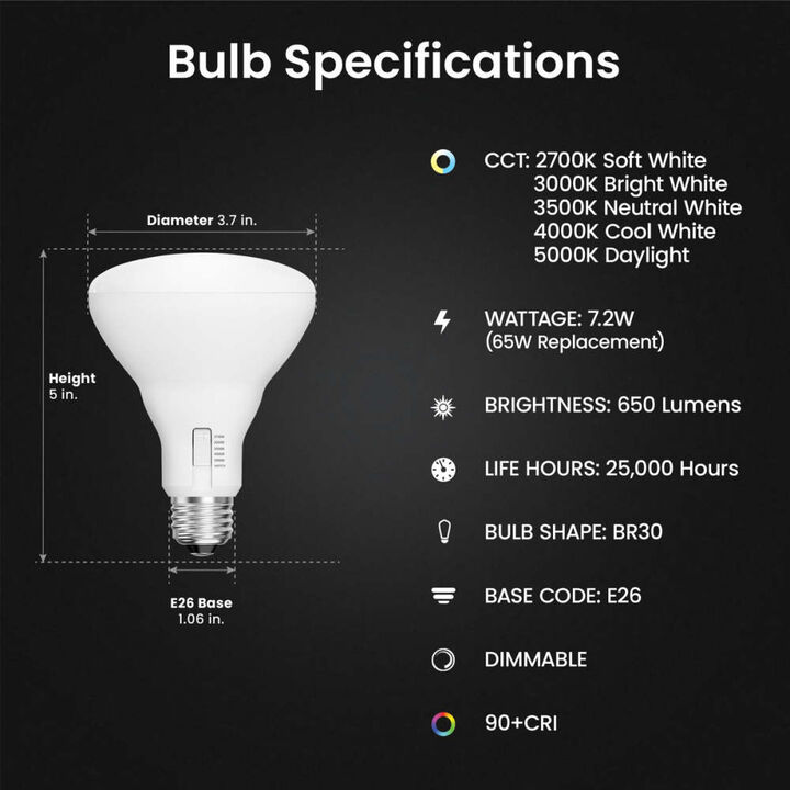 Feit Electric 7.2W 650 Lumens BR30 E26 Reflector LED Bulb Adjustable White 6 Pieces, large image number 9