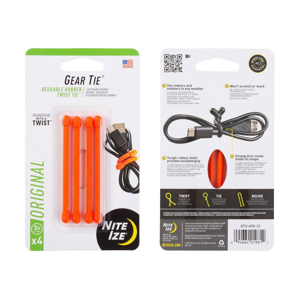 Nite Ize Gear Tie Reusable Rubber Twist Tie 3in 4pk Br. Orange, large image number 3