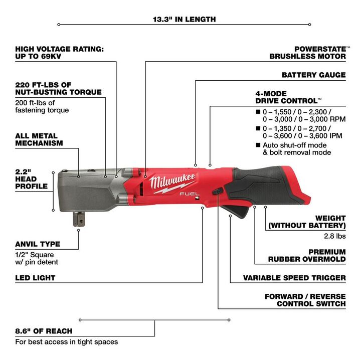 Milwaukee M12 FUEL 1/2inch Right Angle Impact Wrench with Pin Detent (Bare Tool), large image number 3