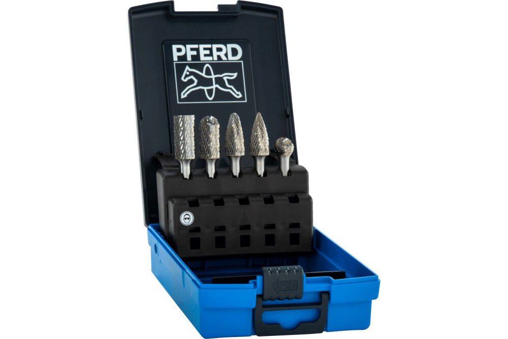 Pferd Carbide Burr Set 5 Piece TOUGH Cut/Double Cut 1/4 Inch Shank Plastic Case, large image number 1