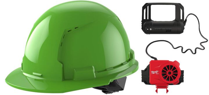 Milwaukee Green Front Brim Vented Hard Hat with 4pt Ratcheting Suspension Type 1 Class C & BOLT Cooling Fan Bundle