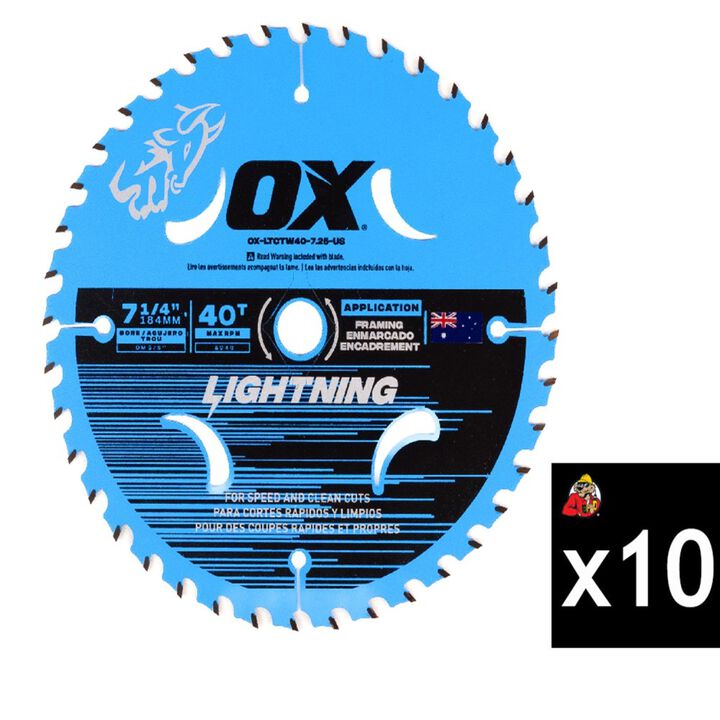 Ox Tools Pro Lightning 7-1/4 Inch 40T Circular Saw Blade 10 Piece Bundle