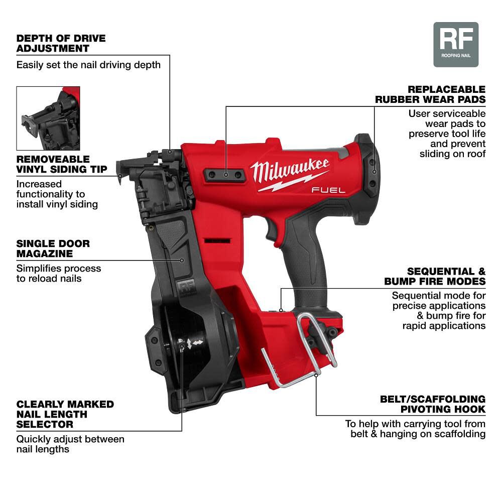 Milwaukee M18 FUEL Coil Roofing Nailer (Bare Tool) Vinyl Siding Tip & Replacement Rubber Wear Pad Bundle, large image number 2
