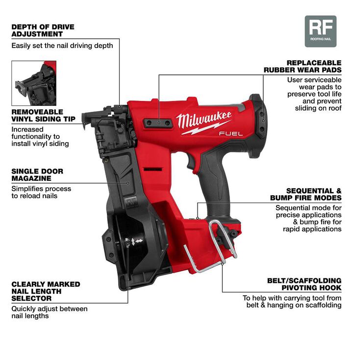 Milwaukee M18 FUEL Coil Roofing Nailer (Bare Tool) Vinyl Siding Tip & Replacement Rubber Wear Pad Bundle, large image number 1