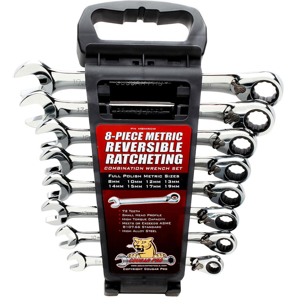 Cougar Pro Metric Full Polish Ratcheting Combination Wrench Set (8mm to 19mm), 8 Piece, large image number 1