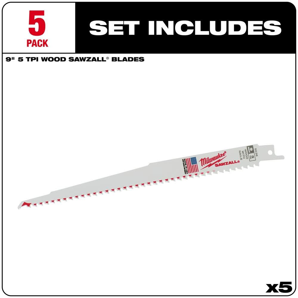 Milwaukee 9 in. 5 TPI SAWZALL Blades 5PK, large image number 2