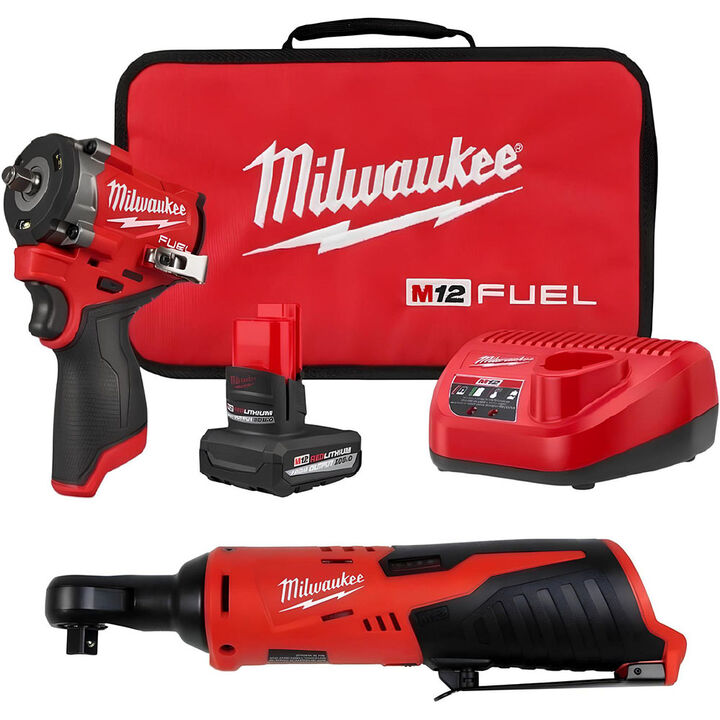 Milwaukee M12 Stubby 3/8 Inch Impact Wrench Kit and 3/8 Inch Ratchet Bundle