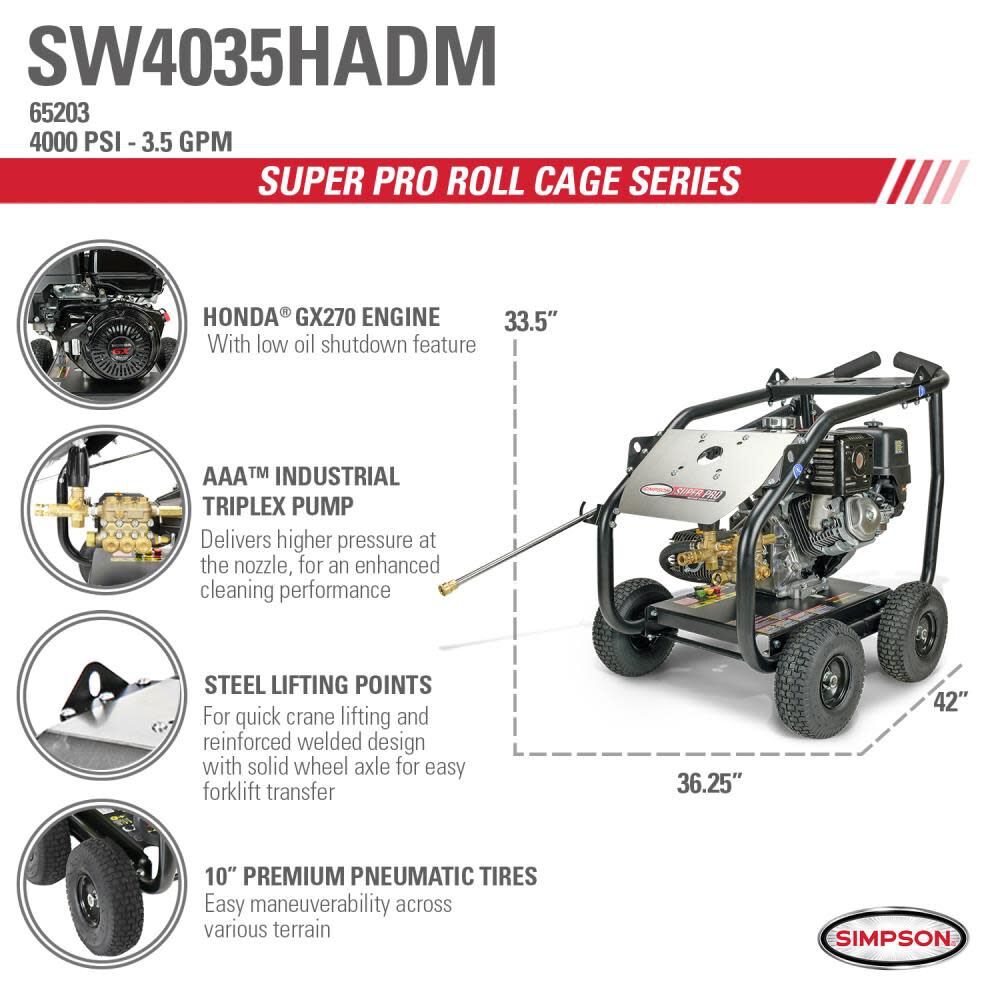 Simpson SuperPro Roll-Cage 4000 PSI 3.5 GPM Gas Powered Cold Water Pressure Washer with 5 Spray Tips, large image number 9