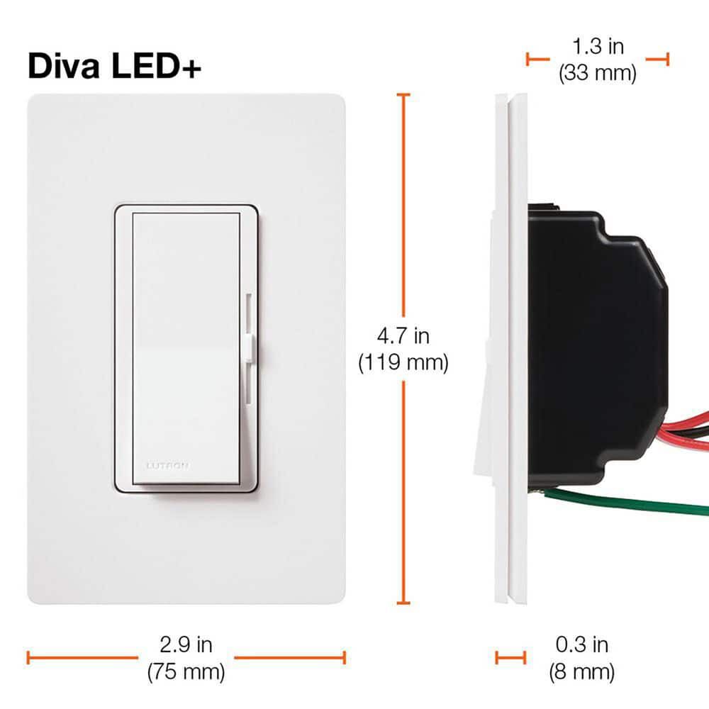 Lutron Diva LED+ 150W 120V 1P Gloss White 3-Way Dimmer Switch W/Night, large image number 7