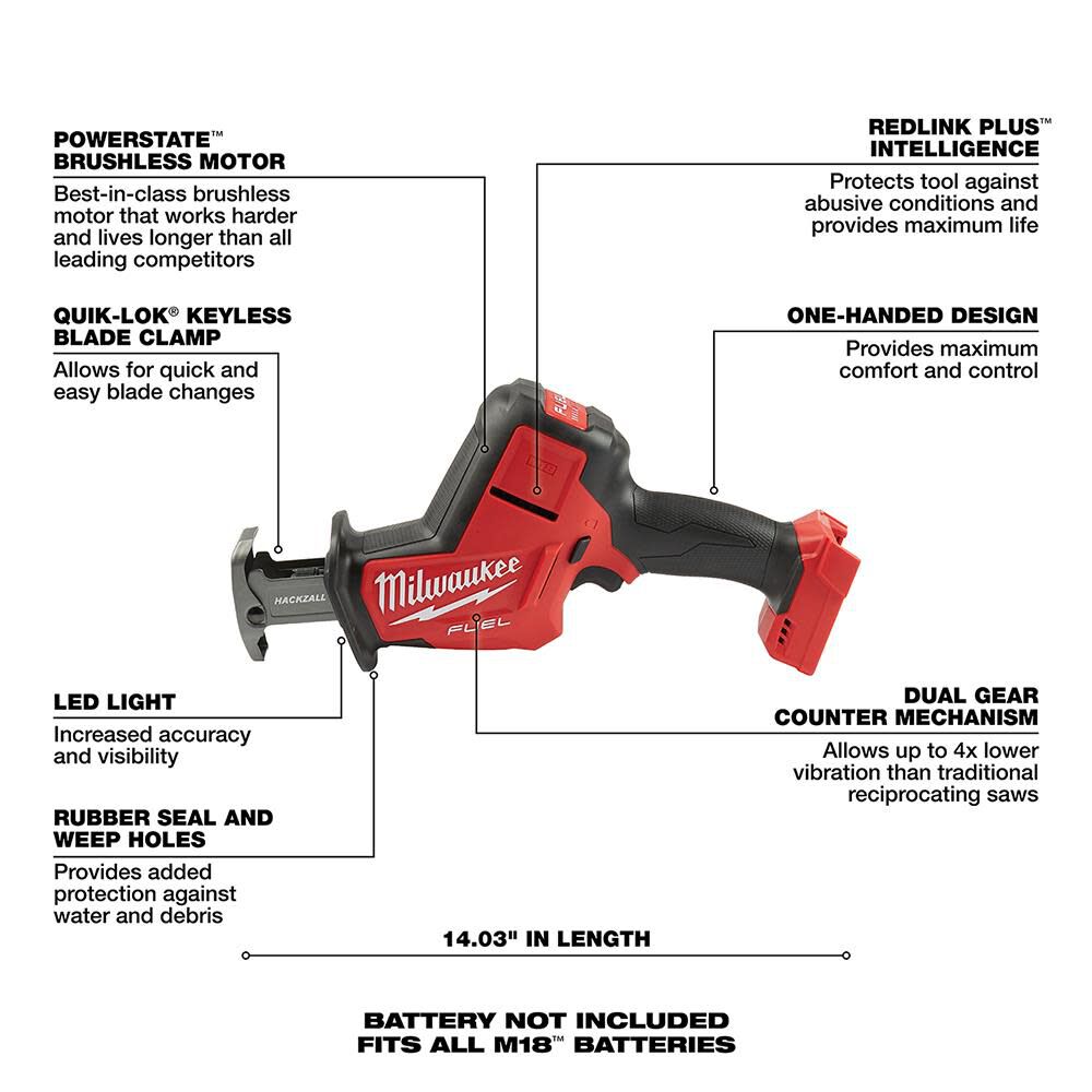Milwaukee M18 FUEL HACKZALL Reciprocating Saw (Bare Tool) & 12-Piece SAWZALL Blade Set Bundle, large image number 6