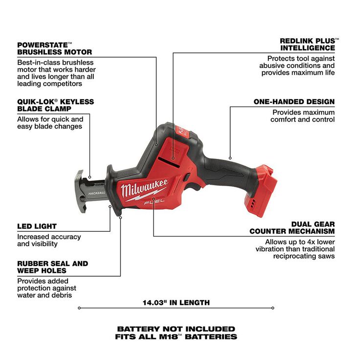 Milwaukee M18 FUEL HACKZALL Reciprocating Saw (Bare Tool) & 12-Piece SAWZALL Blade Set Bundle, large image number 5