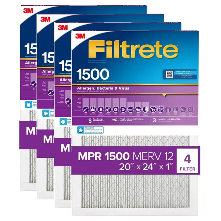 3M 20 Inch x 24 Inch 1500 MPR MERV 12 Allergen Air Filter - 4 Pack