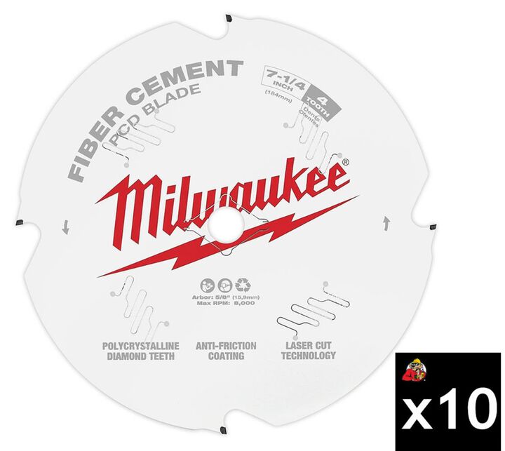 Milwaukee 7 1/4 Inch Pack of 10 PCD Fiber Cement Circular Saw Blades