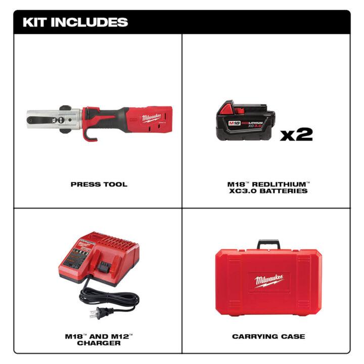 Milwaukee M18 FORCE LOGIC Long Throw Press Tool Kit with 1/2 Inch - 2 Inch IPS-P Pivoting Press Ring Bundle, large image number 1