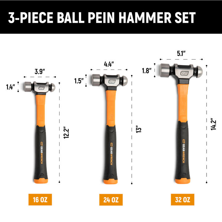 GEARWRENCH 3 Pieces Ball Pein Hammers with Fiberglass Handles Set, large image number 2